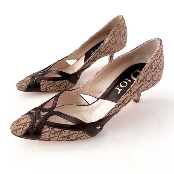 DIOR | Vintage Monogram Jacquard Kitten Heels Brown Logo Pointed Toe Pumps 36.5 - Picture 1 of 15